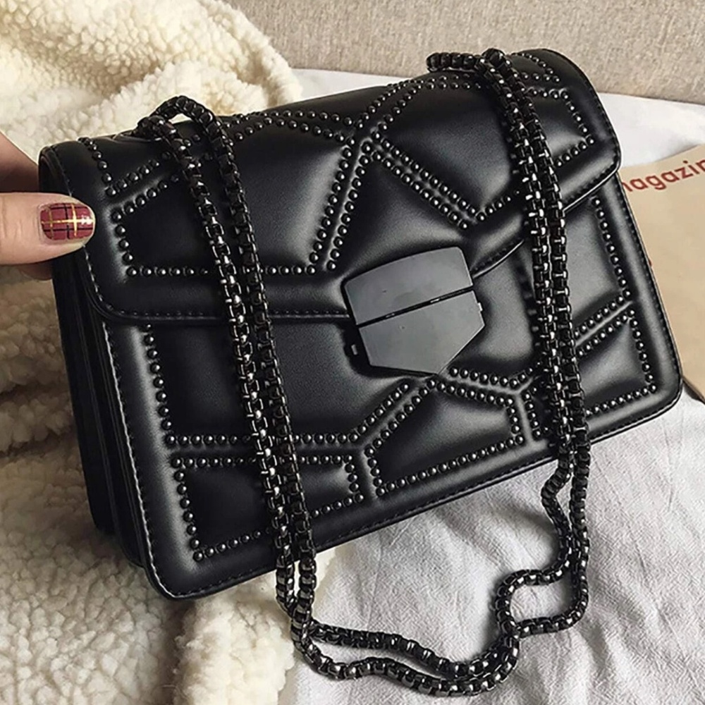 Vegan Leather Studded Graphic Chain Mini Shoulder Crossbody Bag - Picture 2 of 8